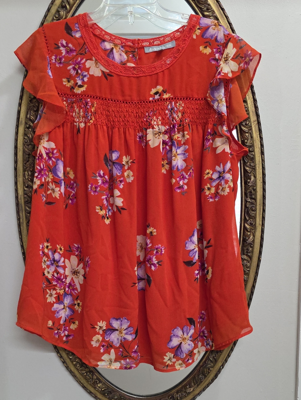 Daniel Rainn Red Floral Smocked Yoke Top Lace Embroidered Womens Size 1X
